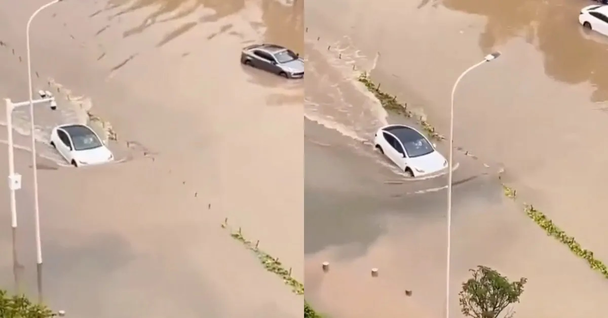Tesla Model 3 on flooded road