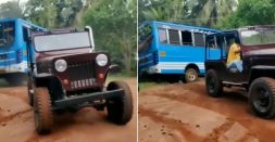 Watch a Mahindra Jeep rescue a stuck passenger bus on video