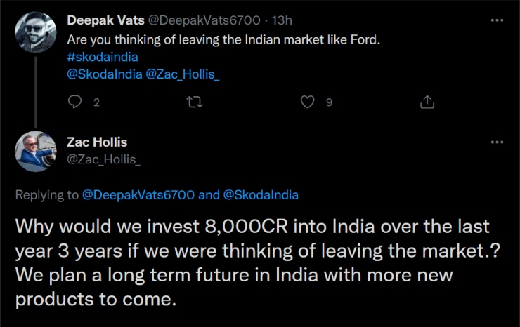 Twitter user asks if Skoda will leave India like Ford, Zac Hollis replies
