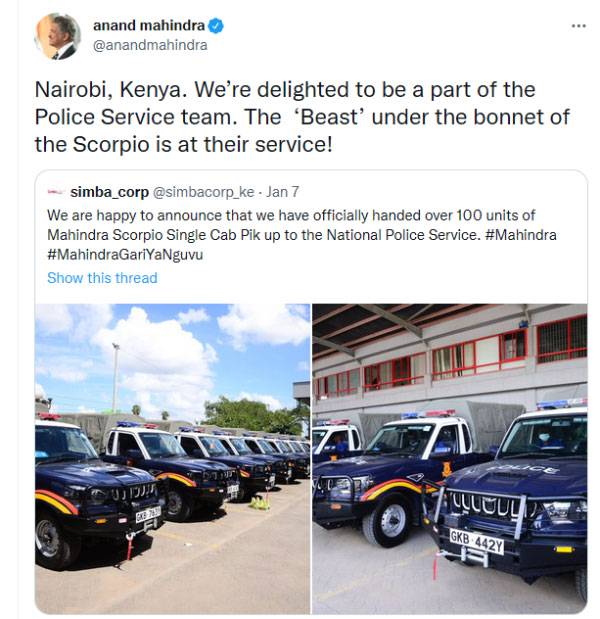 Mahindra Scorpios For Nairobi Police; Anand Mahindra thrilled