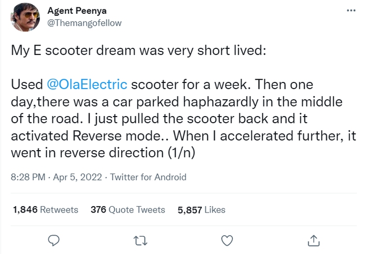 Ola S1 Pro owner posts about crash after electric scooter suddenly goes in reverse