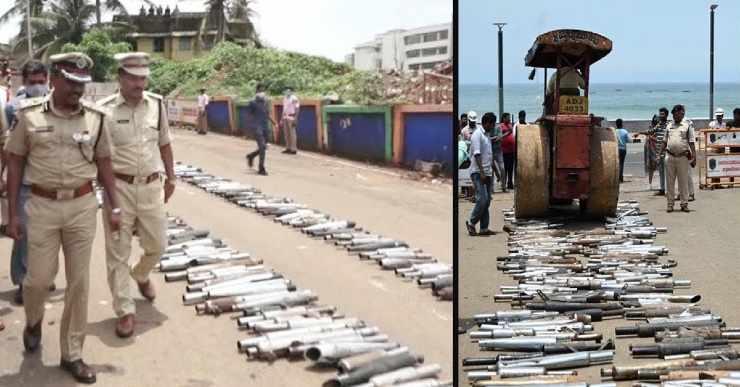 Vizag police uses road roller to destroy 631 illegal silencers