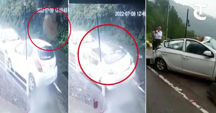 Boulder crashes into a Hyundai i20 parked on roadside in Kasauli [Video]