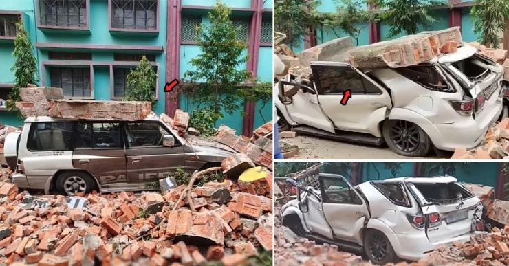 Mur de briques tombe sur Mitsubishi Pajero & Toyota Fortuner : Voici le résultat [Video]