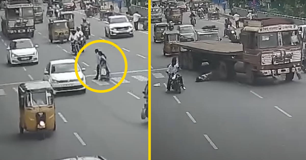 Jaywalking almost leads to disaster, as woman hit by biker falls into truck’s path (Video)