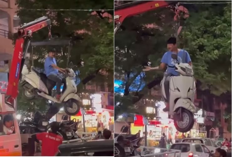 Traffic cops lift Honda Activa from no-parking zone with owner still sitting on it