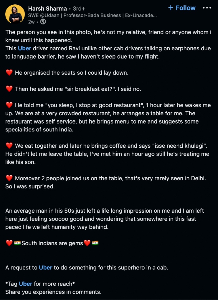 Kind Uber driver in Bengaluru takes tired customer to restaurant: Wins hearts