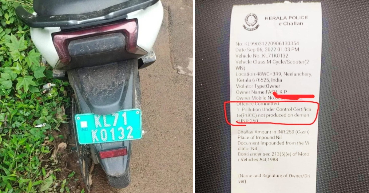 Kerala Police issues challan for no “Pollution Under Control” certificate to Ather 450X electric scooter rider