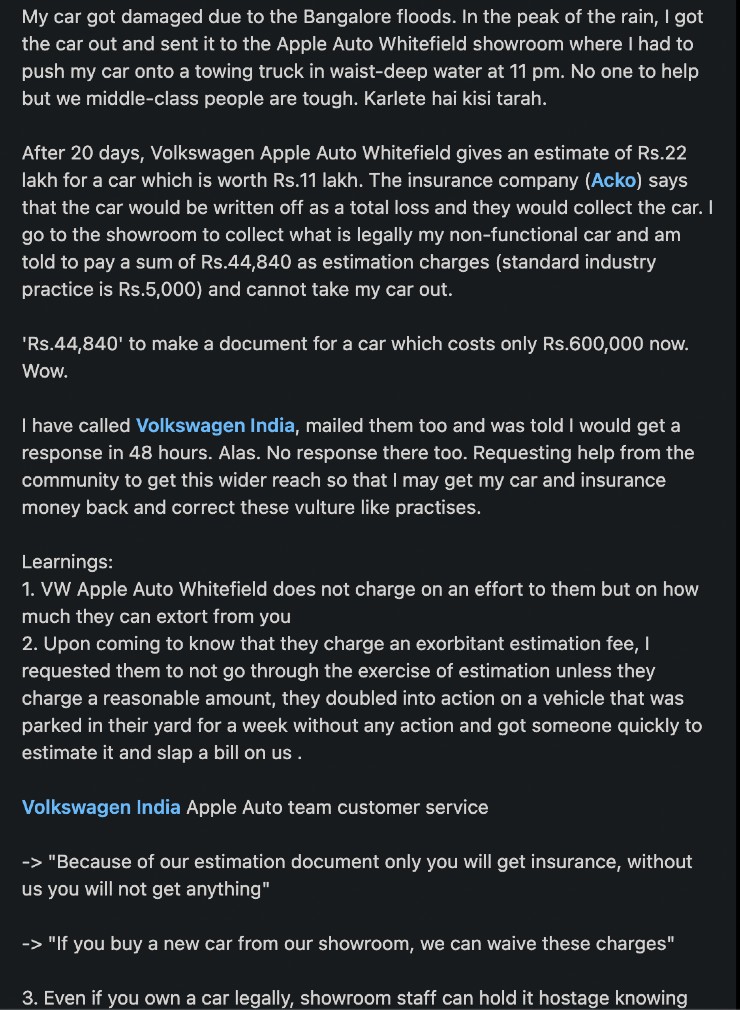 Volkswagen dealer gives Rs. 22 lakh estimate to repair Rs 11 lakh Polo damaged by flood