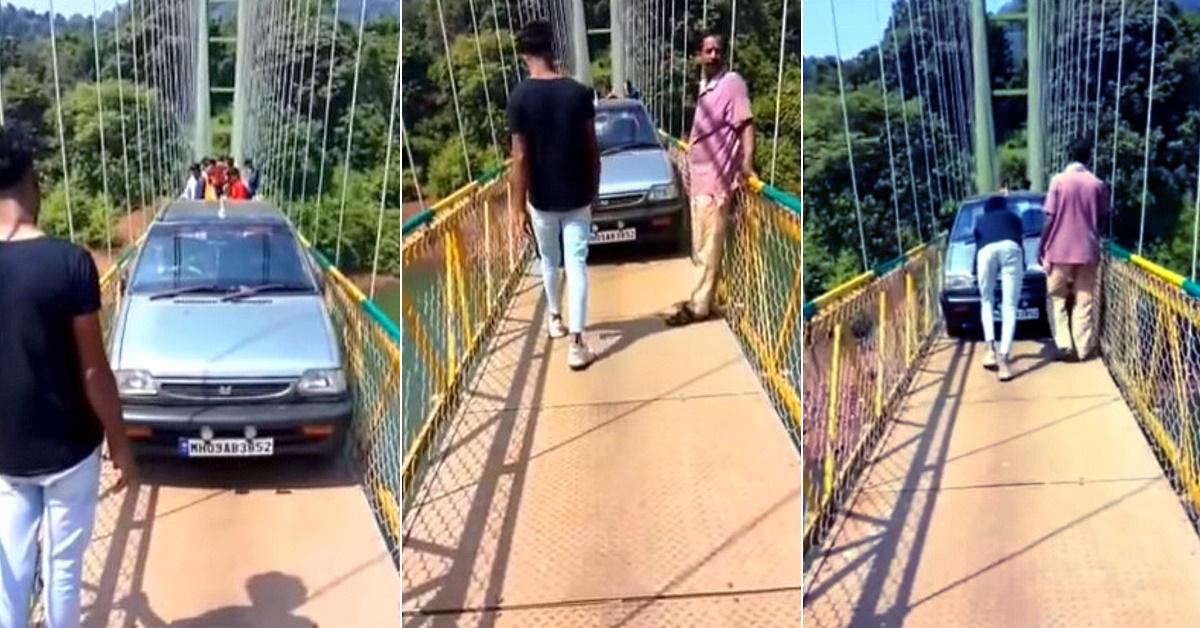 Tourist attempts to cross Yellapur hanging bridge in Maruti 800 car: Locals send him back [Video]