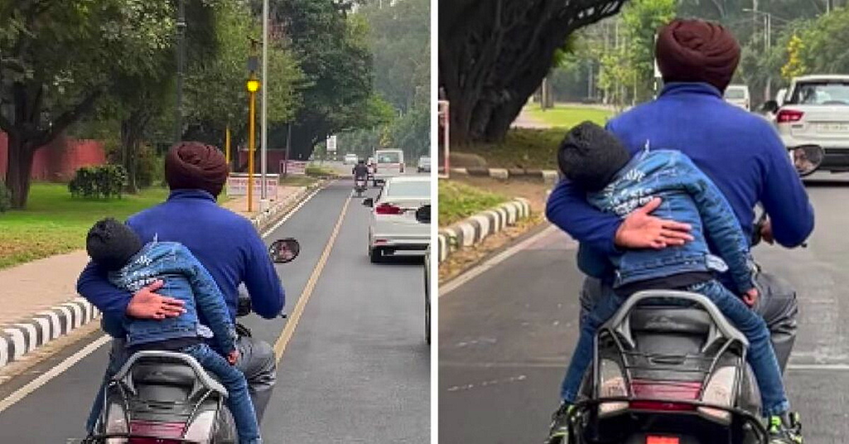 Dad holds sleepy child to prevent him from falling off moving scooter: Video goes viral