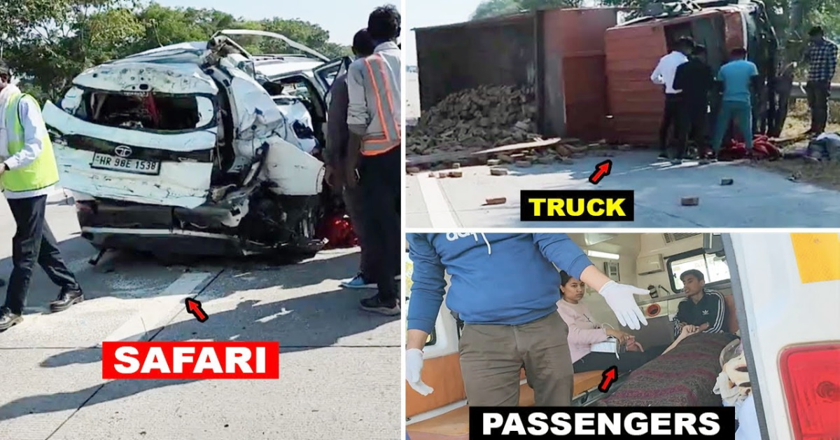 Camión cargado de ladrillos golpea Tata Safari;  se cae