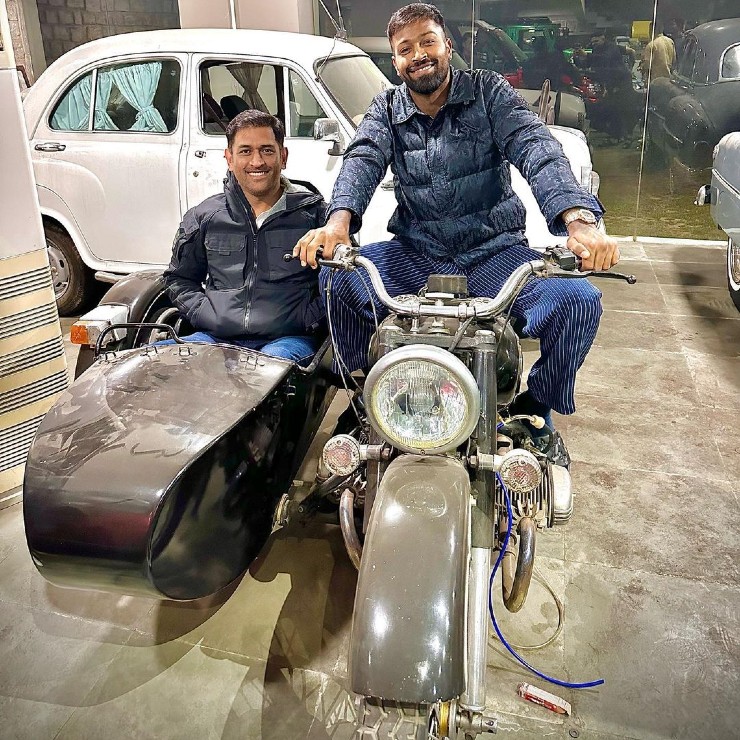 Hardik Pandya and MS Dhoni pose on vintage motorcycle with sidecar at Dhoni’s Ranchi home