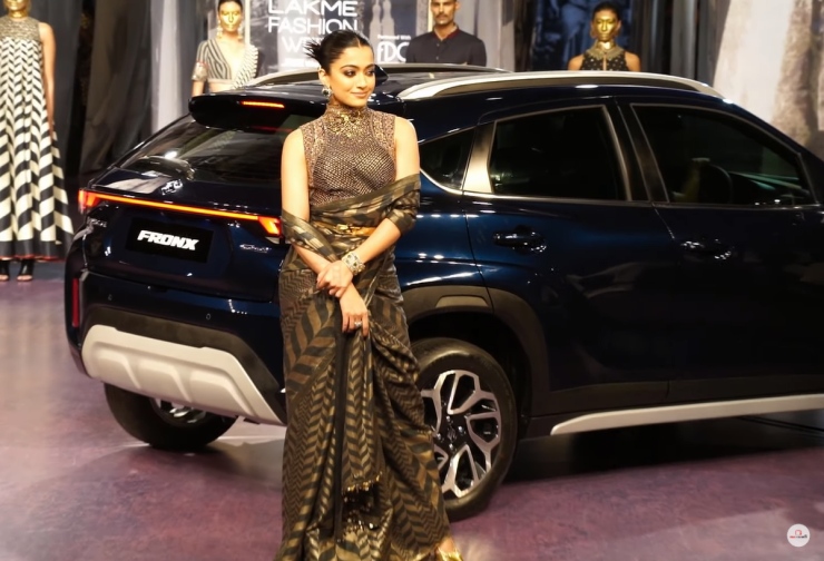 Actress Rashmika Mandanna arrives in a Maruti Suzuki Fronx
