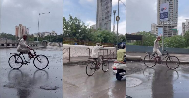 अपनी साइकिल पर बारिश का आनंद लेते बुजुर्ग का वीडियो इंटरनेट पर दिल जीत रहा है