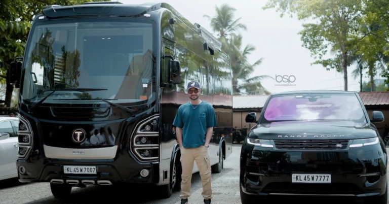 Actor Tovino Thomas with his vanity van and Range Rover SUV