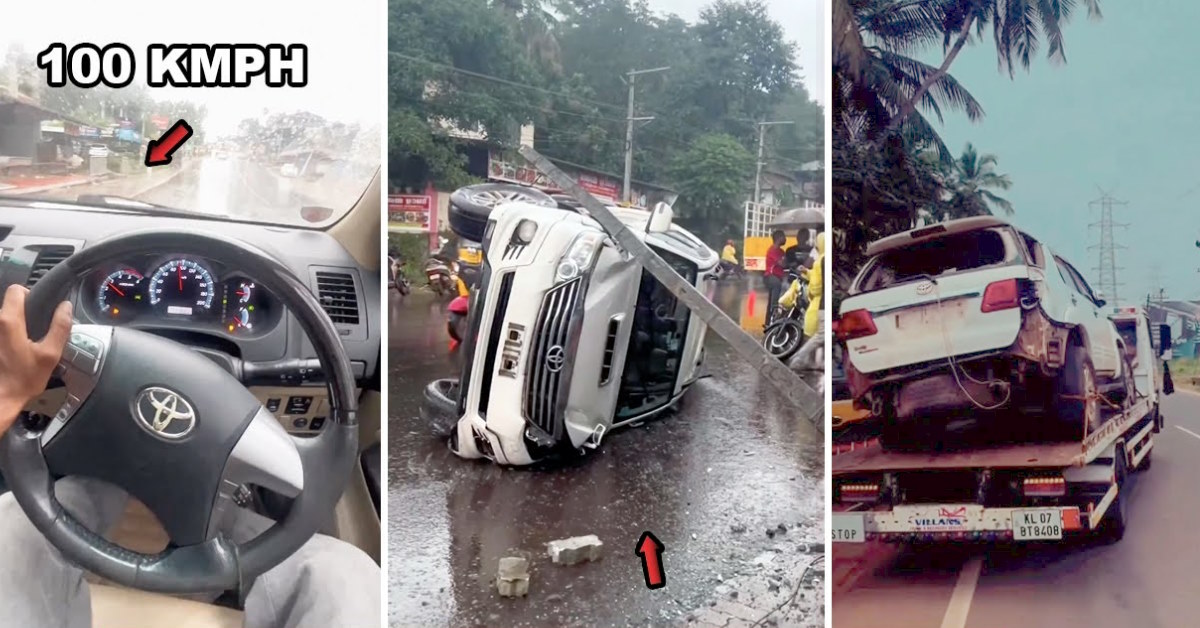 Toyota Fortuner crashes on wet road dash cam video