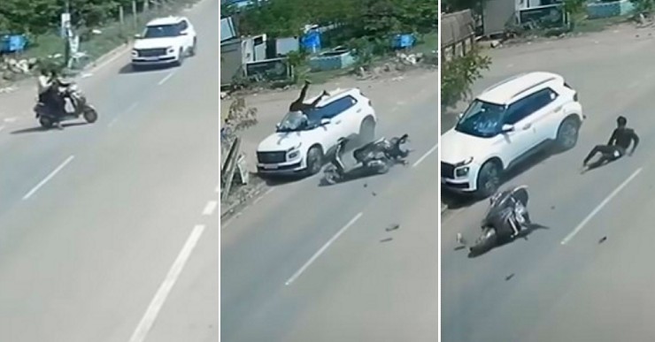 Hyundai Venue crashes into bikers at a junction: Who is at fault here? [Video]