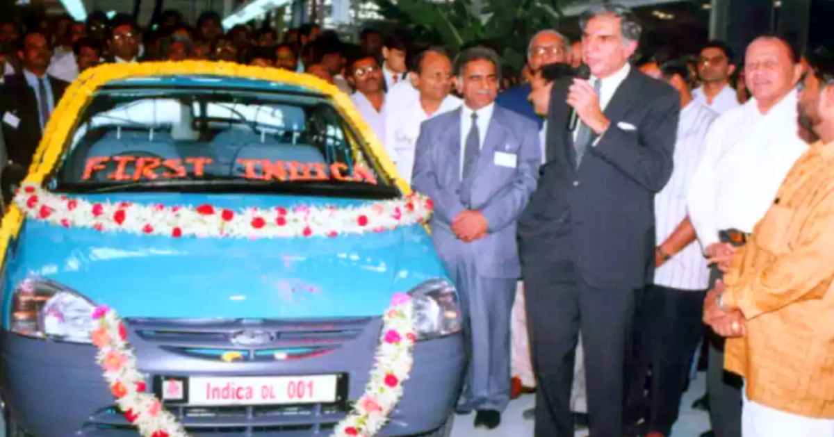 ratan tata with the first tata indica hatchback