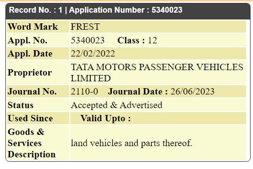 Tata Frest trademark image Tata Frest: नया ट्रेडमार्क पंजीकृत; Curvv हो सकता है