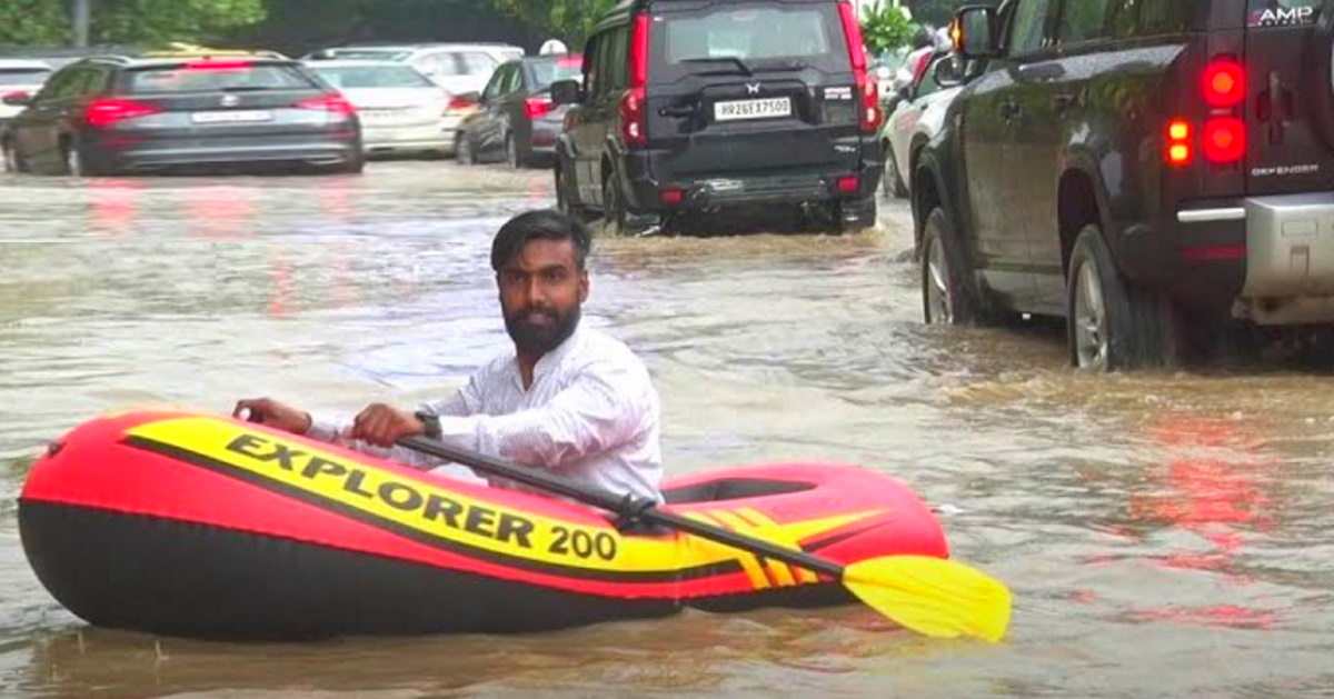 gurgaon man boat flooded roads