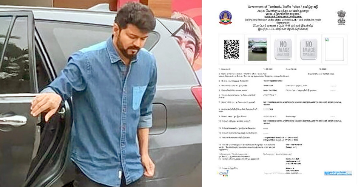 highly popular Tamil movie actor Thalapathy Vijay's Toyota Innova Crysta MPV was fined by the Greater Chennai Traffic Police (GCTP) for jumping a traffic signal.