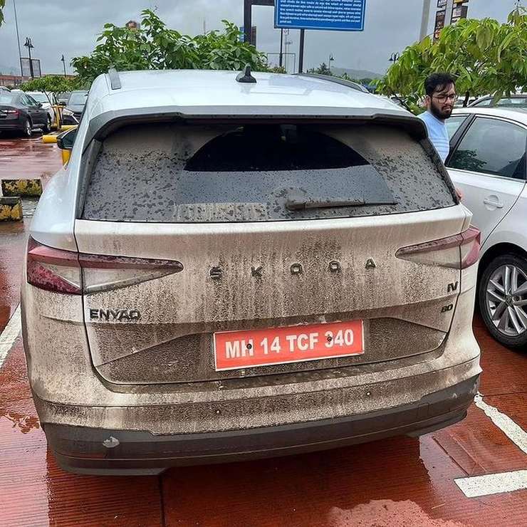 Škoda Enyaq electric SUV spotted parked at a food plaza on the Mumbai Pune Expressway