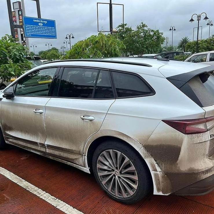 Škoda Enyaq electric SUV spotted parked at a food plaza on the Mumbai Pune Expressway