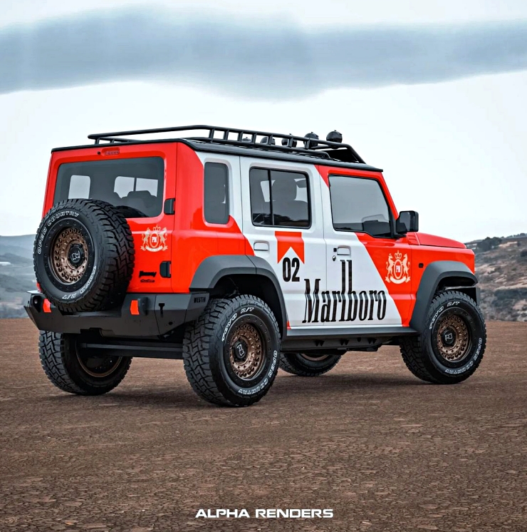 Maruti Suzuki Jimny 5-door with custom Marlboro wrap render