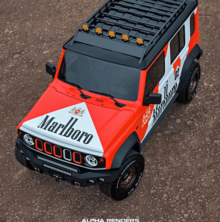 Maruti Suzuki Jimny 5-door with custom Marlboro wrap render