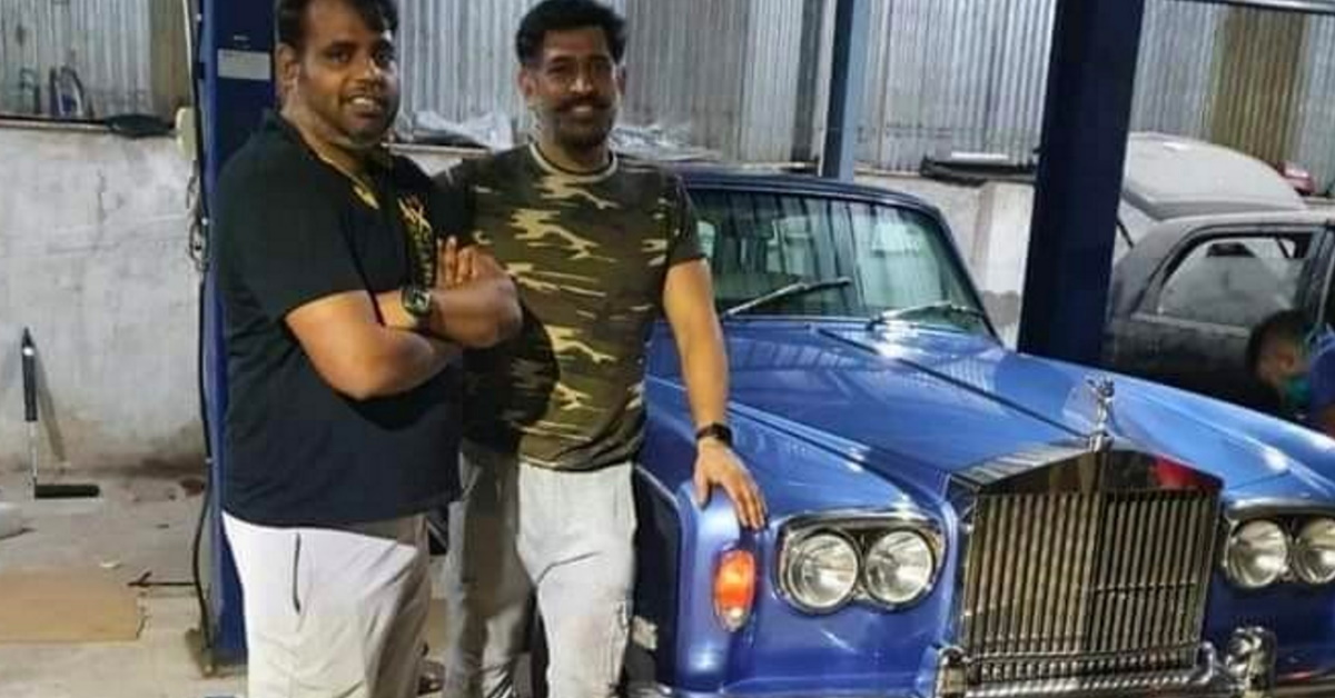ms dhoni with his rolls royce vintage car