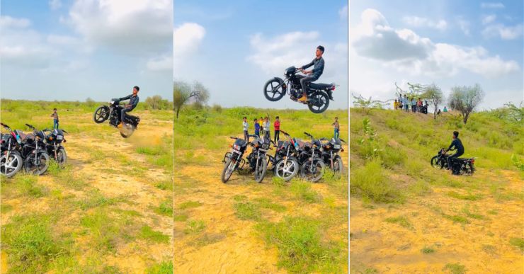 Hero Splendor rider jumps motorcycle over 5 bikes 