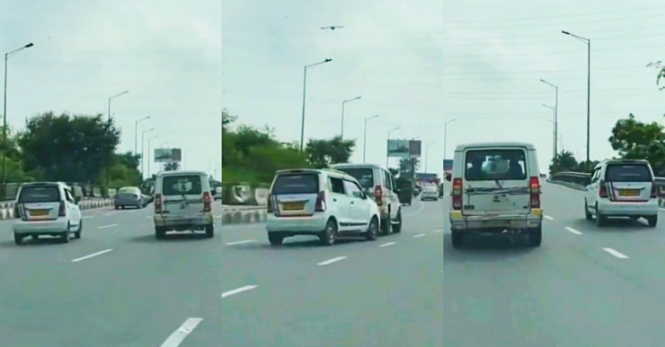 Tolls officials in Tata Sumo chase Wagon R taxi driver for non-payment of toll (Video)