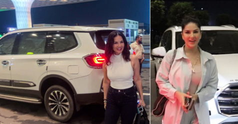 bollywood actress sunny leone with her mg gloster suv