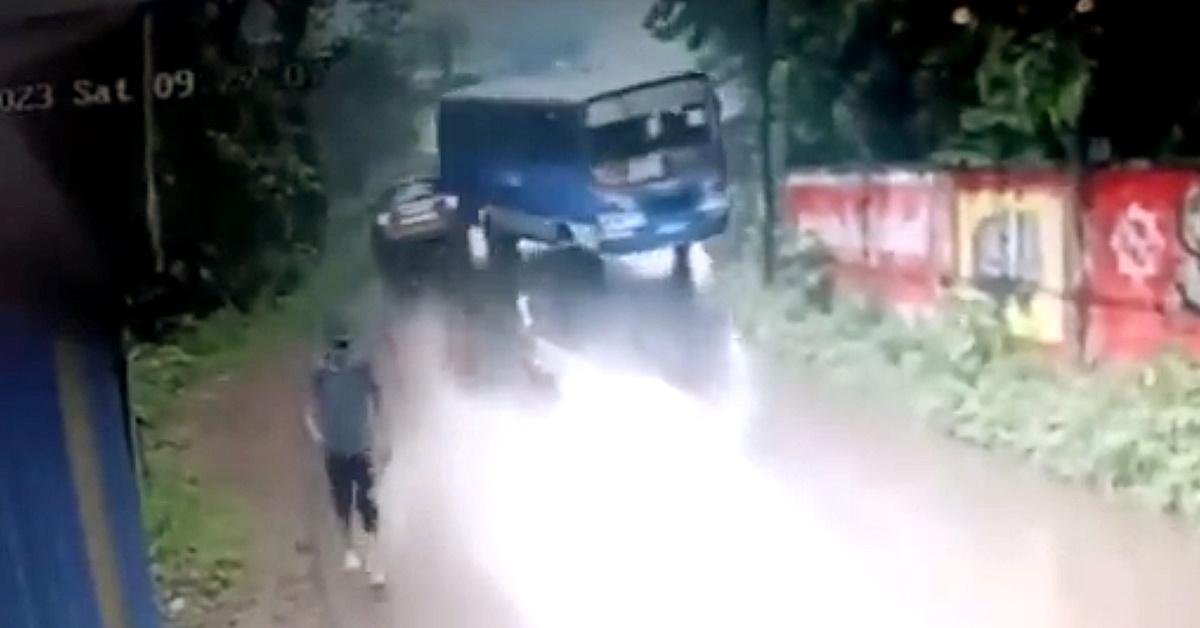 Hydroplaning bus crashes into Nissan Terrano on wet road: Caught on CCTV