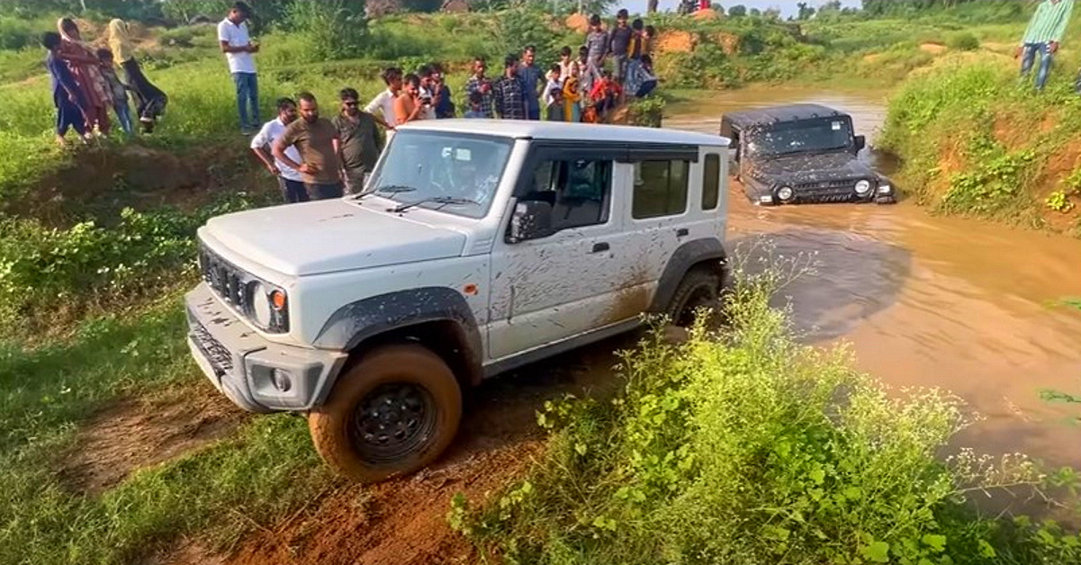 Maruti Suzuki Jimny with 5 people in it sails through even as Mahindra Thar gets royally stuck [Video]