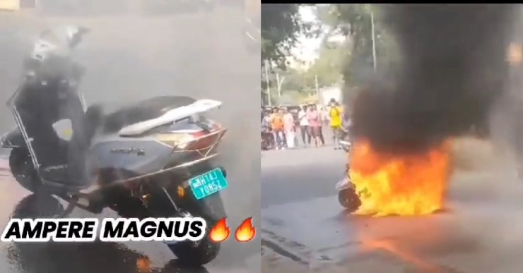Ampere Magnus EV scooter catches fire in the middle of the road