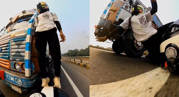 Stupid biker stunts in front of a moving truck: Gets into a horrific accident [Video]