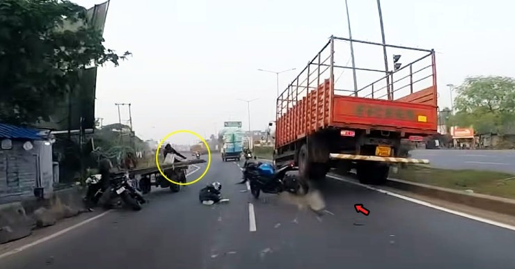 Group of bikers involved in a massive crash due to distracted riding: Truck nearly overturns [Video]