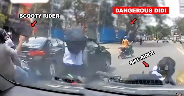 Honda City driver brakes to save woman on scooter: Bike and scooter crash behind him [Video]