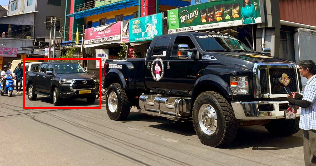 boby chemmanur's ford F650 towers over toyota hilux