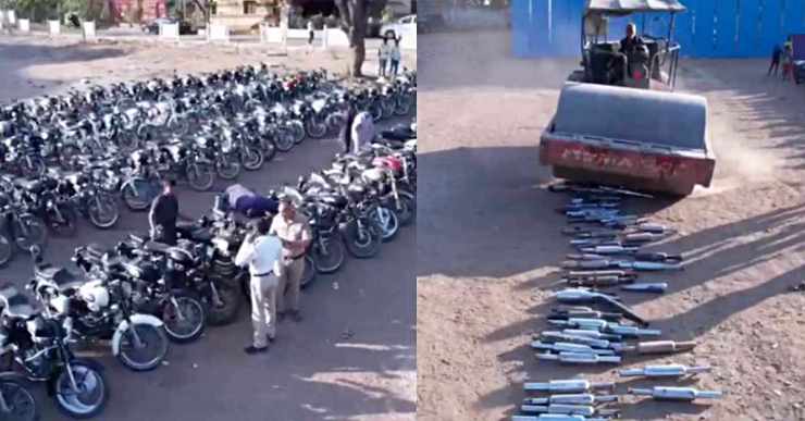 Shivamogga Police Bulldoze 70 Illegal Exhausts And 3000 Half Helmets [Video]