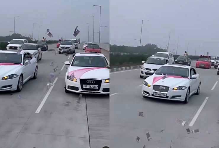 Groom And Friends Throw Money Out Of Mercedes, Jaguar On Highway [Video]