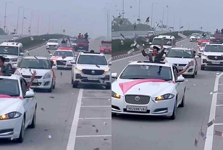 Groom And Friends Throw Money Out Of Mercedes, Jaguar On Highway [Video]