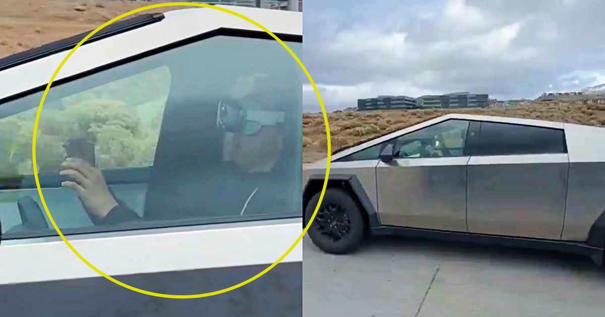 Tesla Cybertruck driver with Apple AR goggles