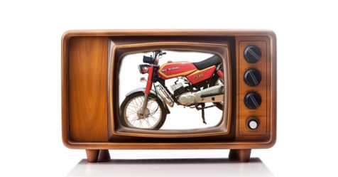 Forgotten TVS bikes story: Image of a TVS AX100R in a vintage television