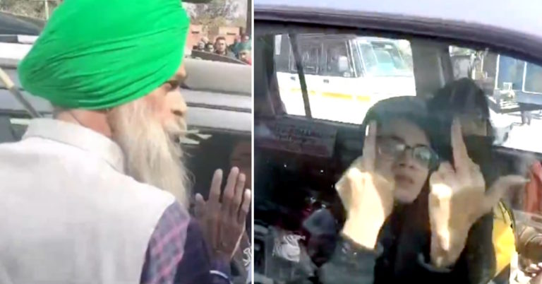 girl car middle finger old farmer delhi protest