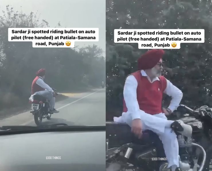 Man sitting sideways while riding a Royal Enfield Bullet is a risky 