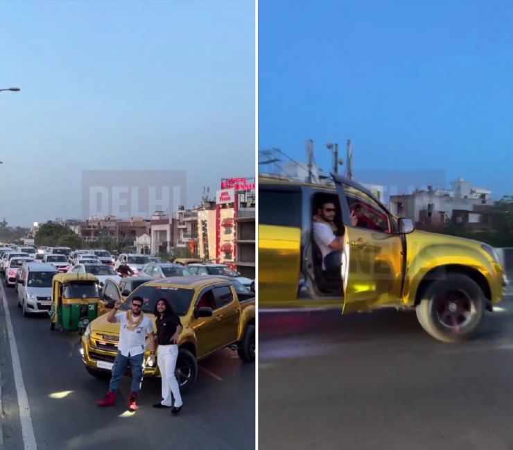 Gold Man blocks road for Instagram reel