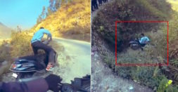 Careless Scooter Rider On Mountain Road Falls Off The Road: Escapes Unhurt [Video]
